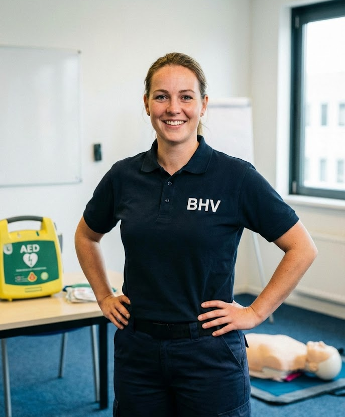 Glimlachende BHV-opleider van Learncall 112 in een trainingsruimte met een AED-trainer en reanimatiepop op de achtergrond.
