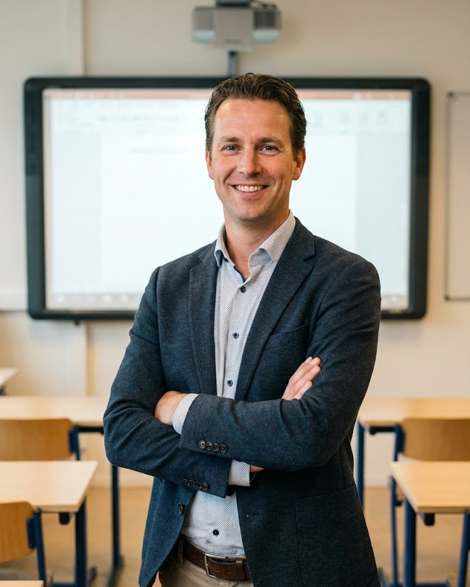 Glimlachende trainer van Learncall 112 staat voor een digibord, klaar voor een BHV-cursus of veiligheidspresentatie.