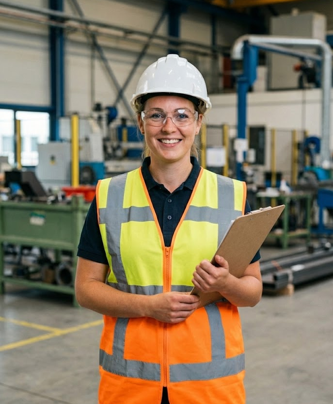 Veiligheidsexpert van Learncall 112 met bouwhelm, veiligheidsbril en klembord in een industriële werkomgeving.